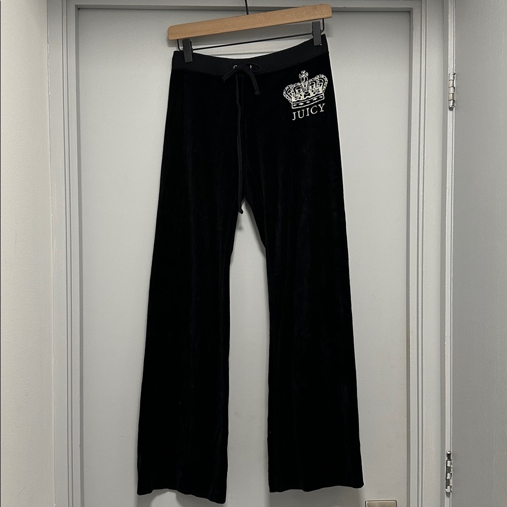 Y2K Juicy Couture Black Velour with Crown Detail Low Rise Sweatpants
